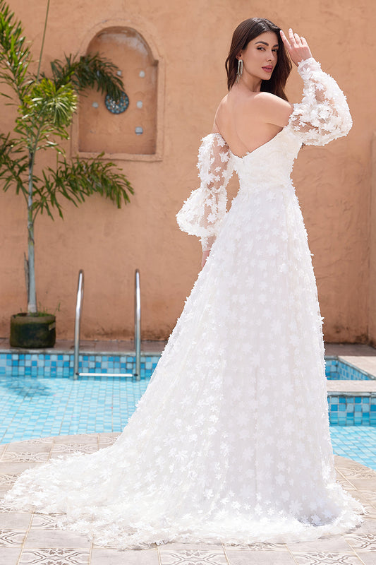 White A Line Strapless Applique Lace Wedding Dress with Detachable Sleeves