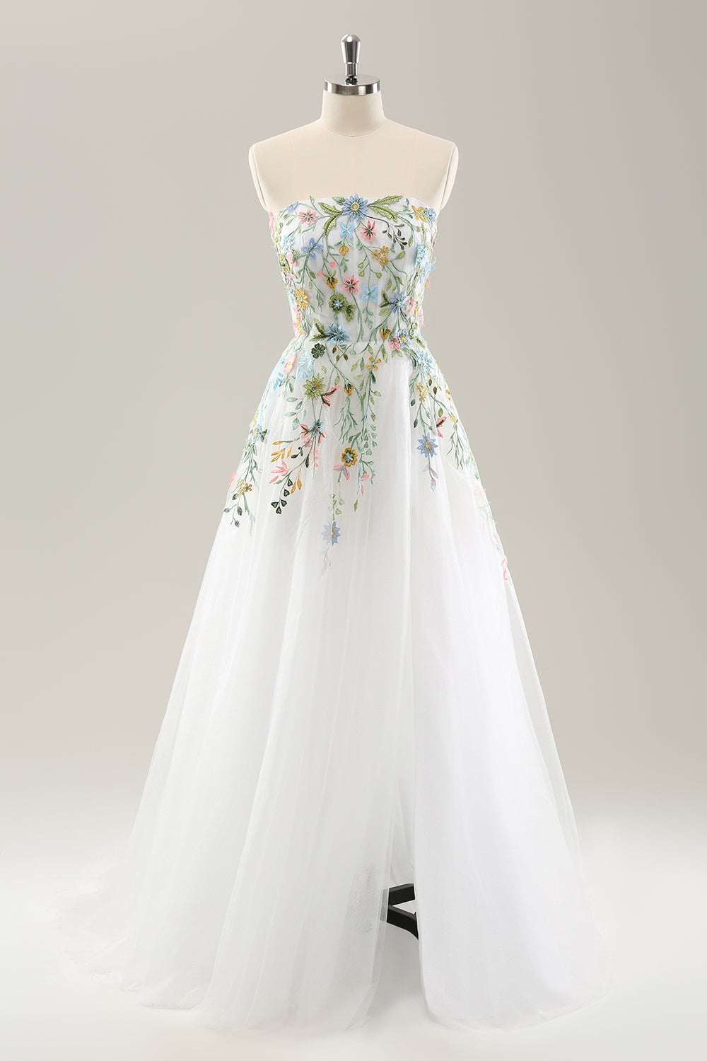 White A Line Strapless Tulle Slit Wedding Dress with 3D Flowers