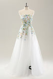 White A Line Strapless Tulle Slit Wedding Dress with 3D Flowers