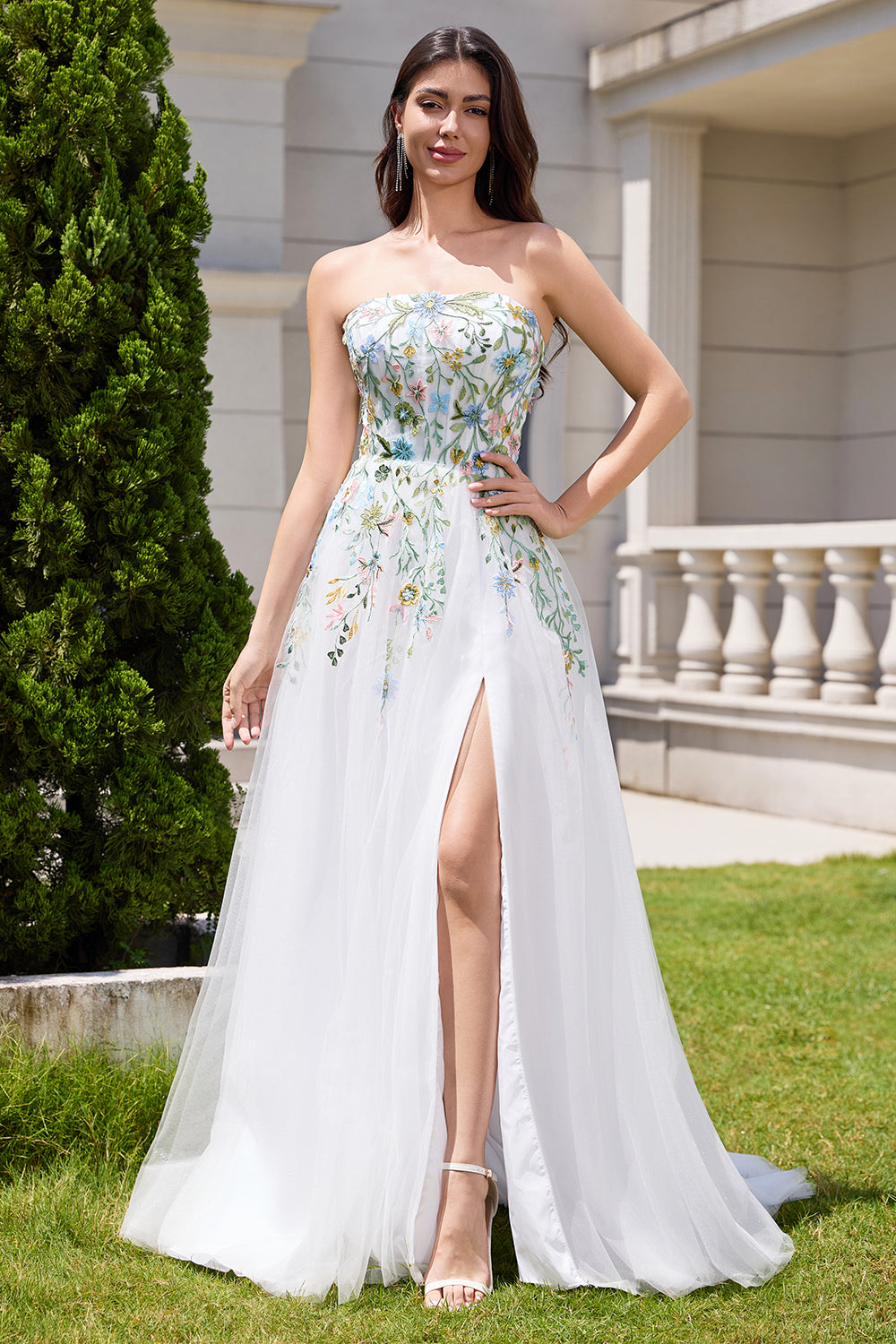 White A Line Strapless Tulle Slit Wedding Dress with 3D Flowers