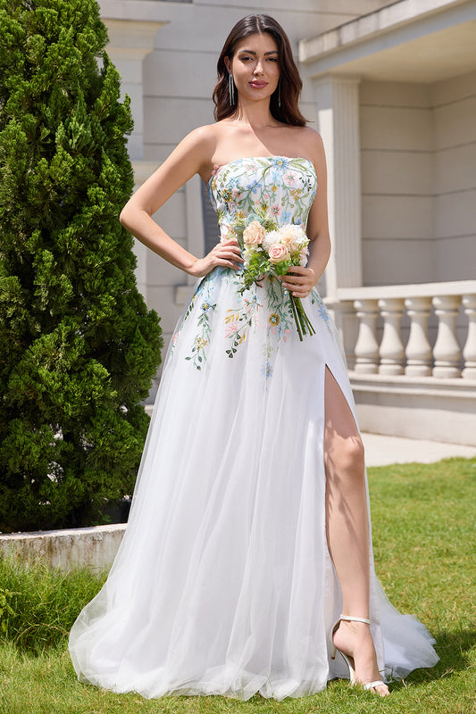 White A Line Strapless Tulle Slit Wedding Dress with 3D Flowers