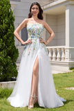 White A Line Strapless Tulle Slit Wedding Dress with 3D Flowers