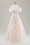 White Off the Shoulder A Line Tulle Bridal Dress with Embroidery