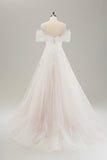 White Off the Shoulder A Line Tulle Bridal Dress with Embroidery