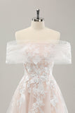 White A Line Off the Shoulder Tulle Bridal Dress with Embroidery