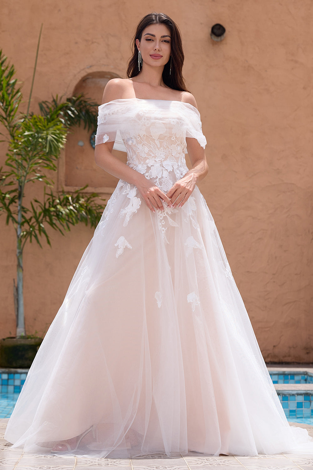 White Off the Shoulder A Line Tulle Bridal Dress with Embroidery