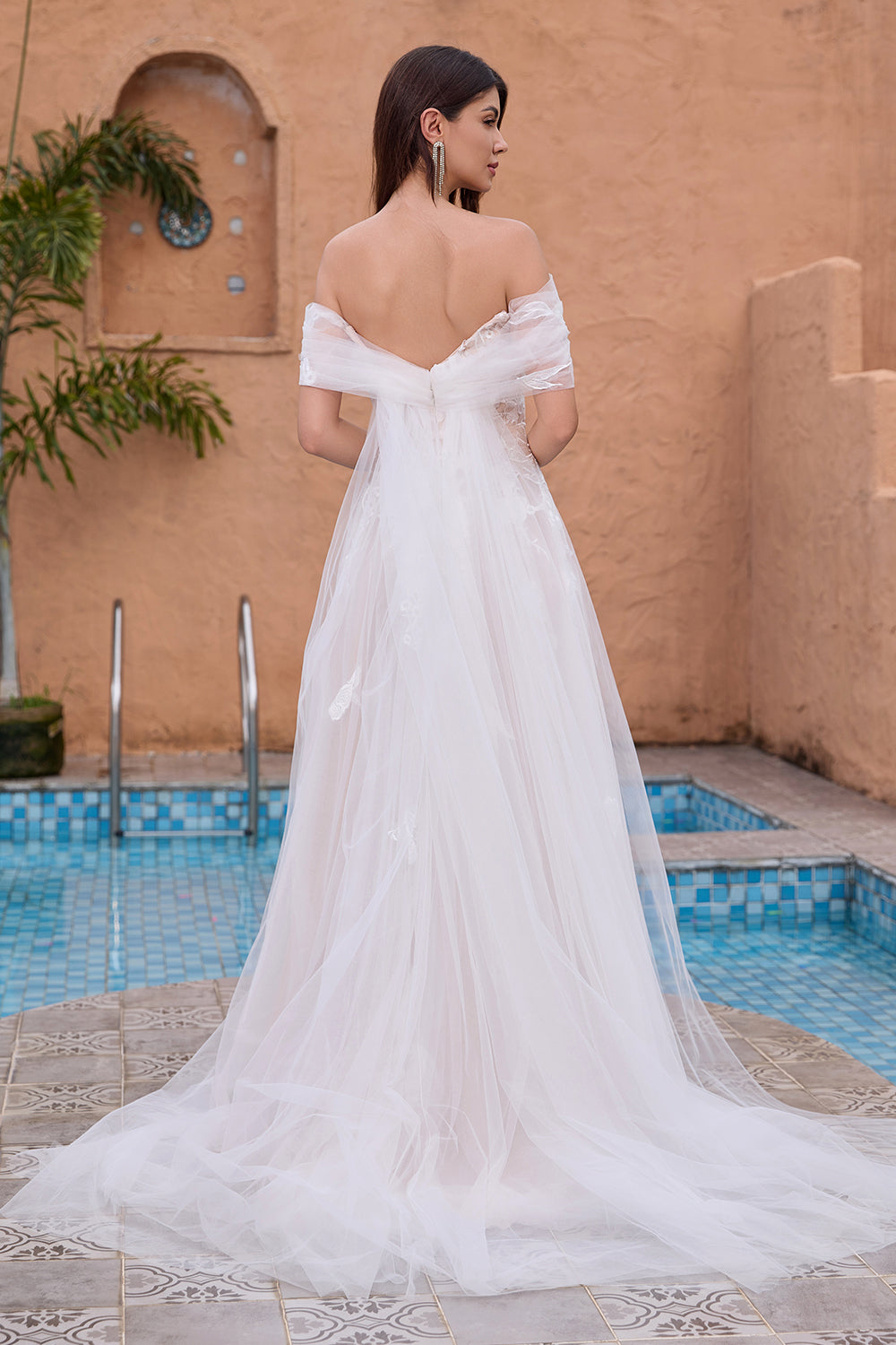 White Off the Shoulder A Line Tulle Bridal Dress with Embroidery