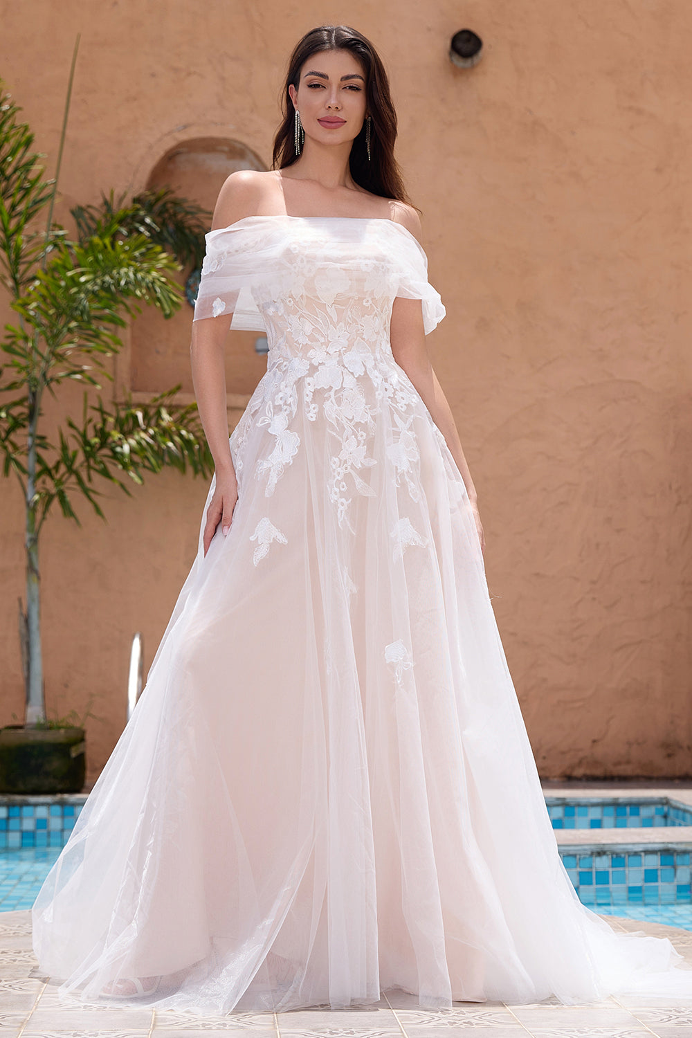 White Off the Shoulder A Line Tulle Bridal Dress with Embroidery