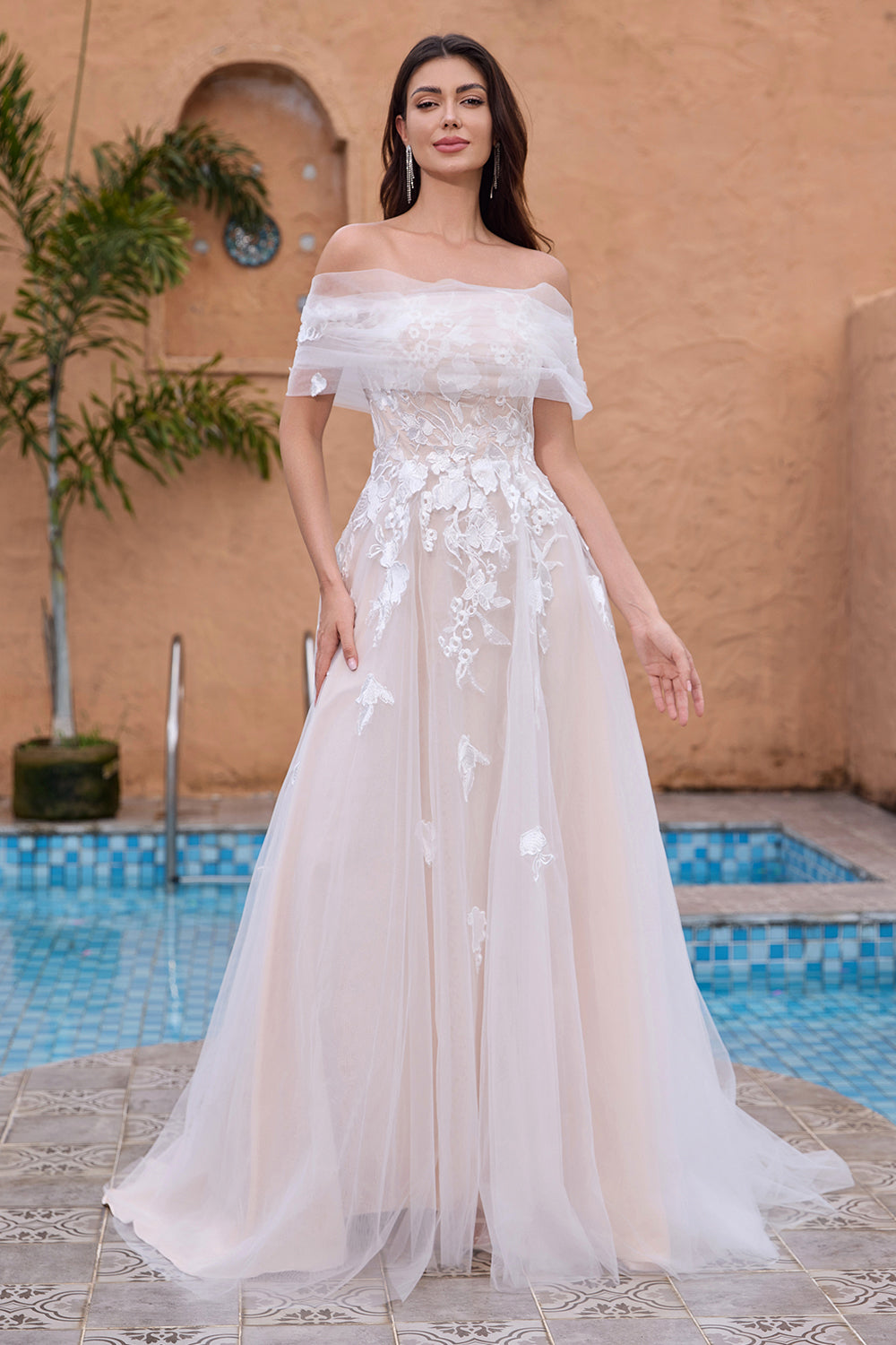 White Off the Shoulder A Line Tulle Bridal Dress with Embroidery