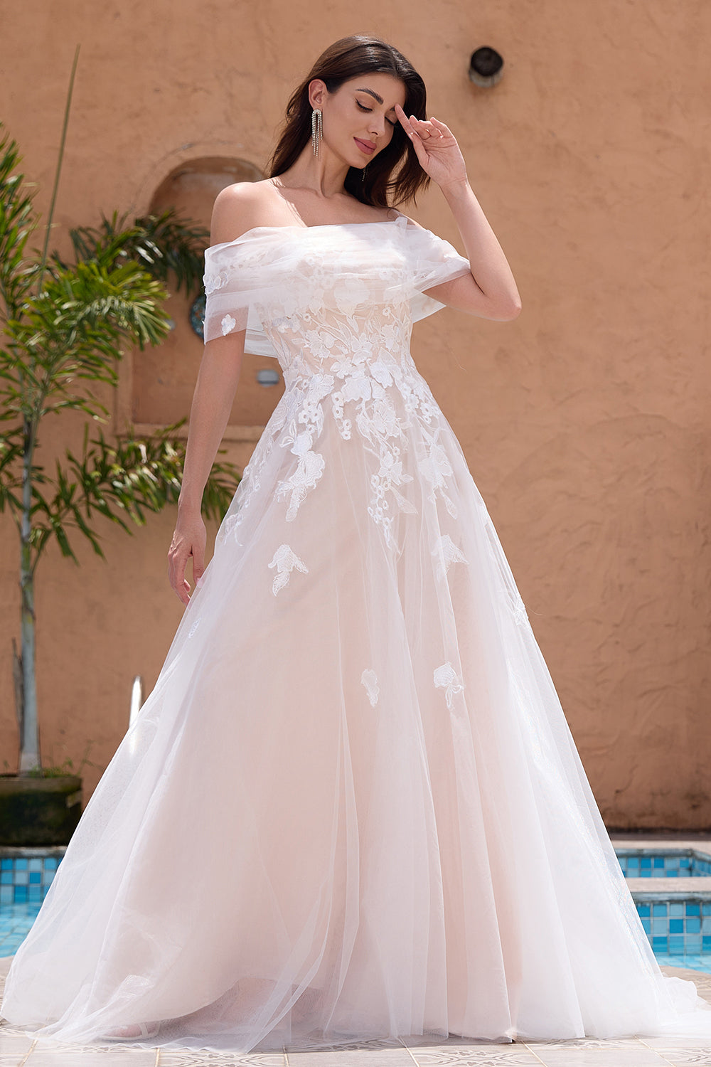 White Off the Shoulder A Line Tulle Bridal Dress with Embroidery