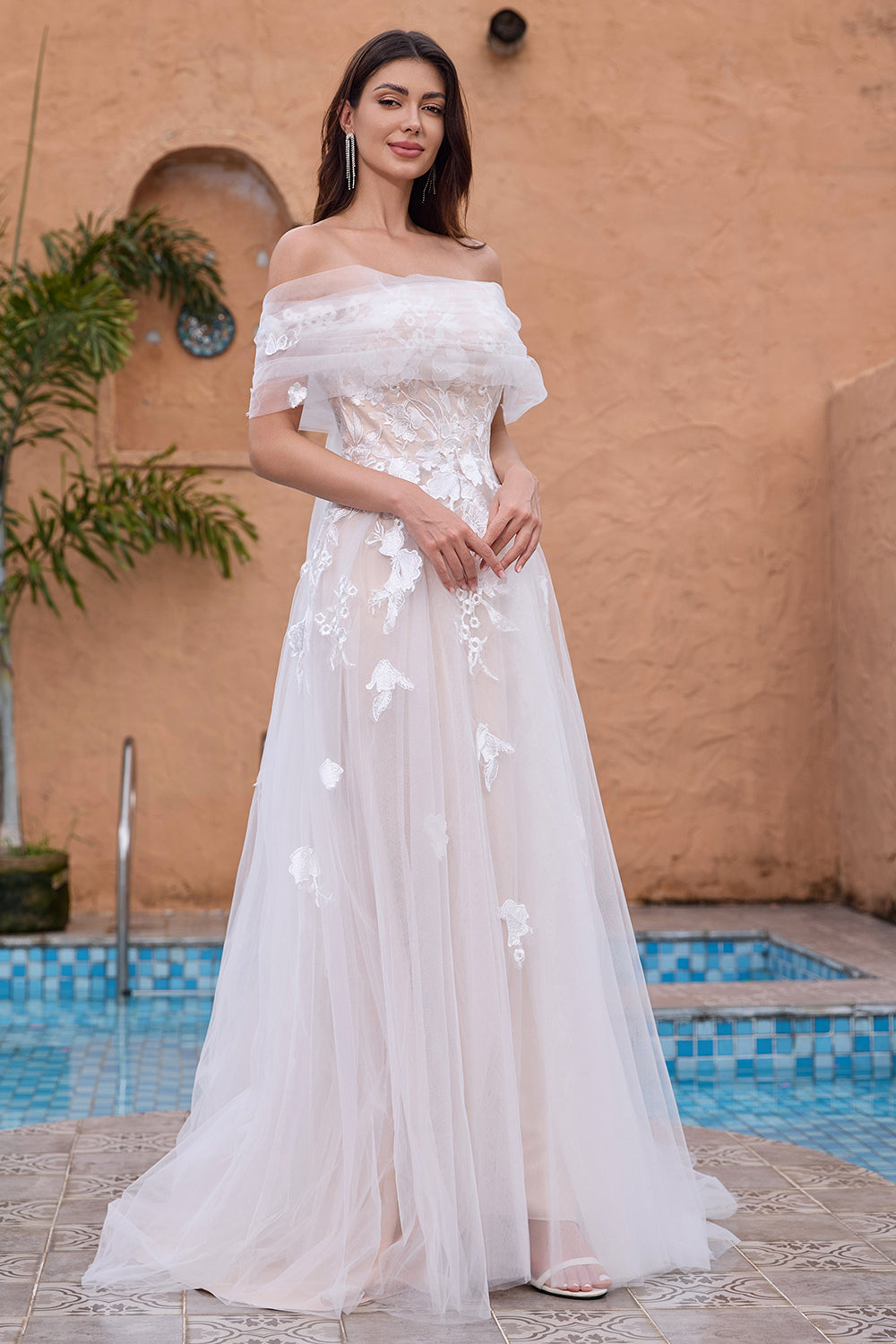 White Off the Shoulder A Line Tulle Bridal Dress with Embroidery