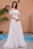 White Off the Shoulder A Line Tulle Bridal Dress with Embroidery