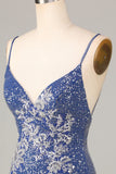 Dark Blue Bodycon Sparkly Embroidery Spaghetti Straps Homecoming Dress