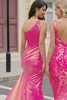 Sparkly Mermaid Deep V Neck Fuchsia Sequins Long Prom Dress with Appliques