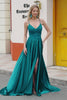 Peacock Green A-Line Spaghetti Straps Long Prom Dress with Slit