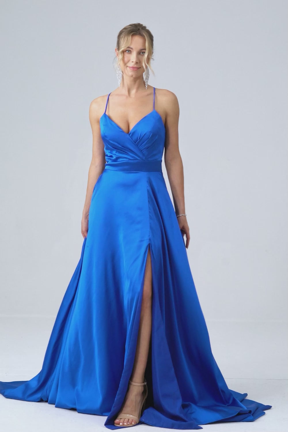 Royal Blue A Line Spaghetti Straps Satin Prom Dress with Slit