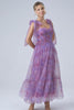 Purple A Line Pleated Printed Tea-Length Prom Dress