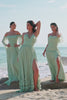 Light Green Mermaid Off the Shoulder Long Bridesmaid Dress with Ruffle Slit