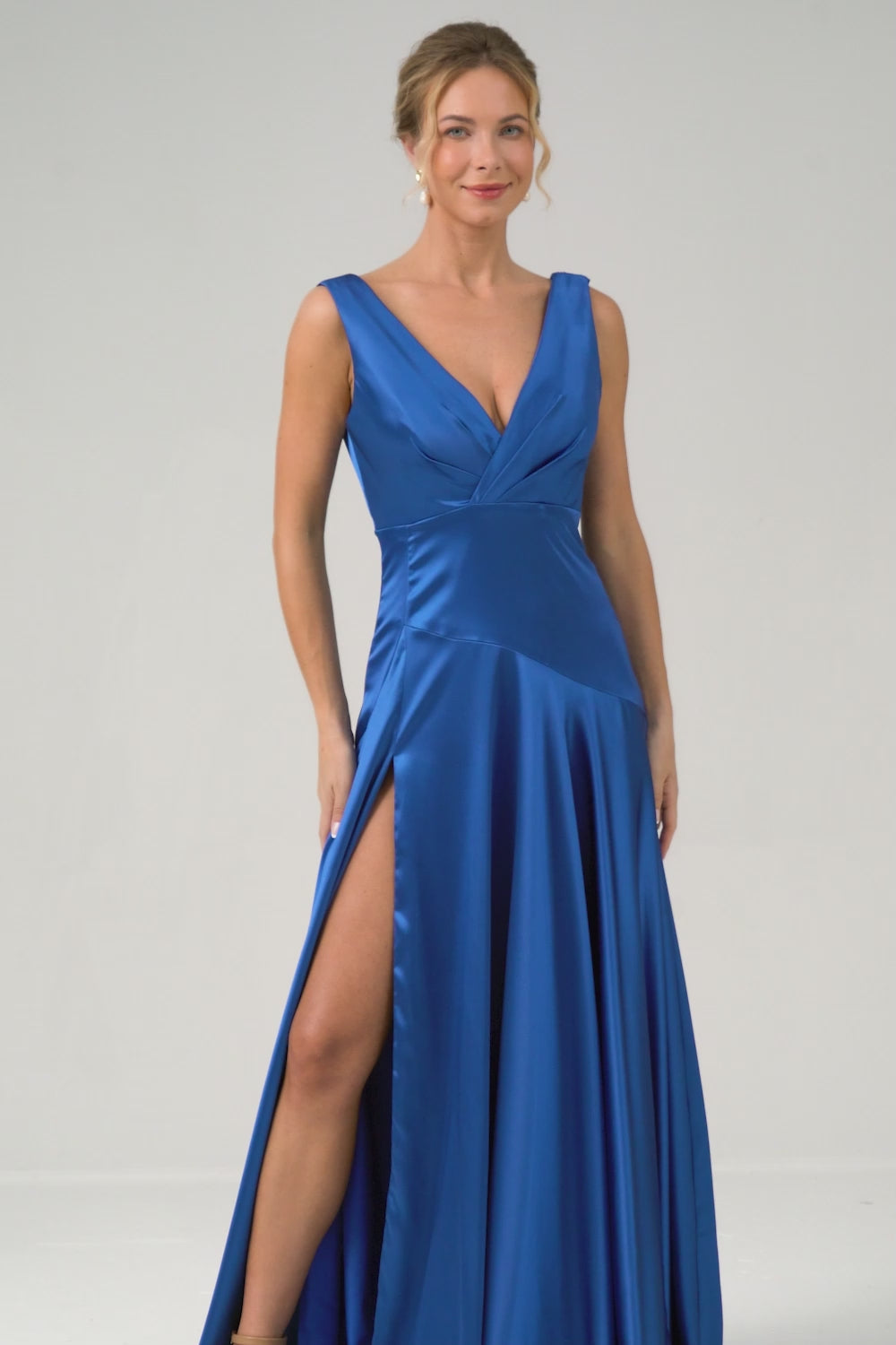 Satin Ink Blue Long Bridesmaid Dress with Slit