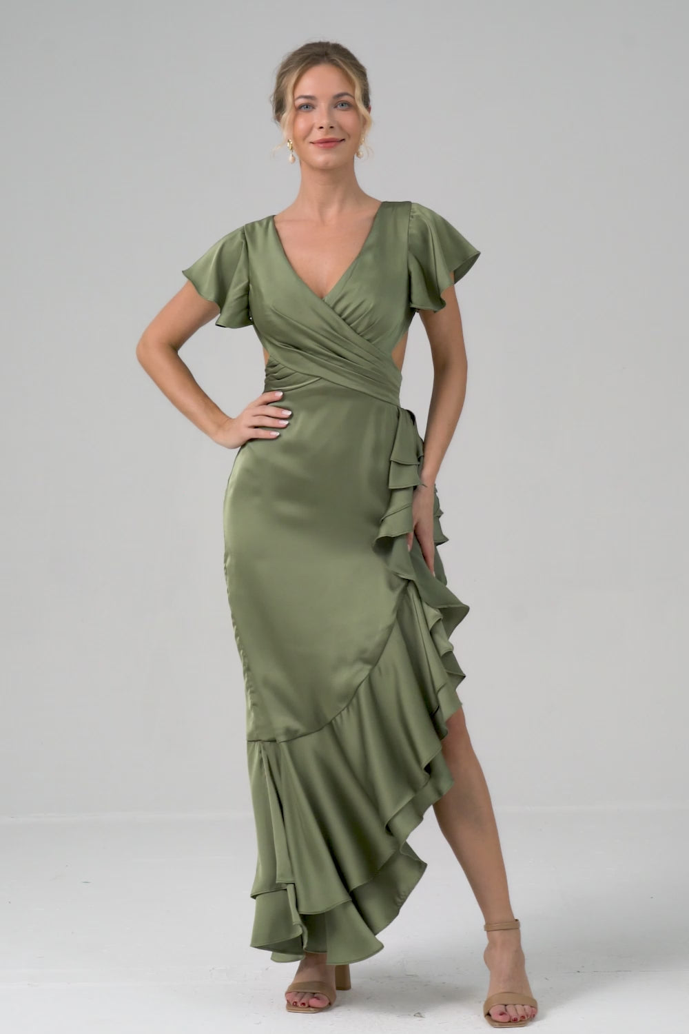 Olive V Neck Satin Sheath Wedding Guest Dress with Ruffles