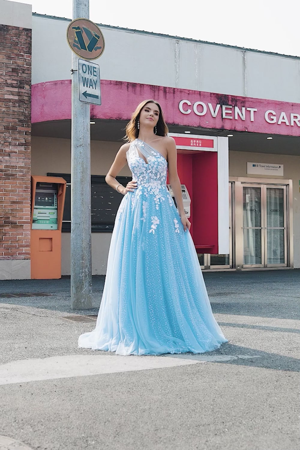 Light Blue A Line One Shoulder Long Tulle Prom Dress With Appliques