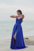 Spaghetti Straps Satin Ink Blue Long Bridesmaid Dress with Slit