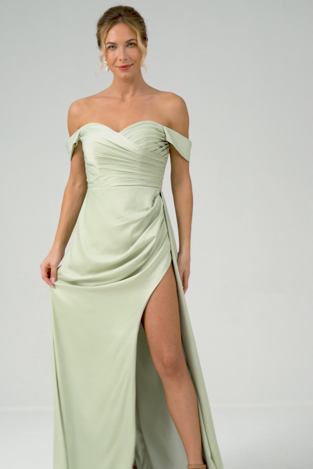 Sage Off The Shoulder Long Bridesmaid Dress with Slit