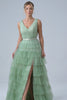 Green Tiered A Line V-Neck Tulle Long Prom Dress with Slit