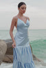 Sky Blue A-Line Spaghetti Straps Satin Long Bridesmaid Dress