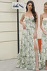 Green A-Line Spaghetti Straps Printed Pleated Long Prom Dress With Slit