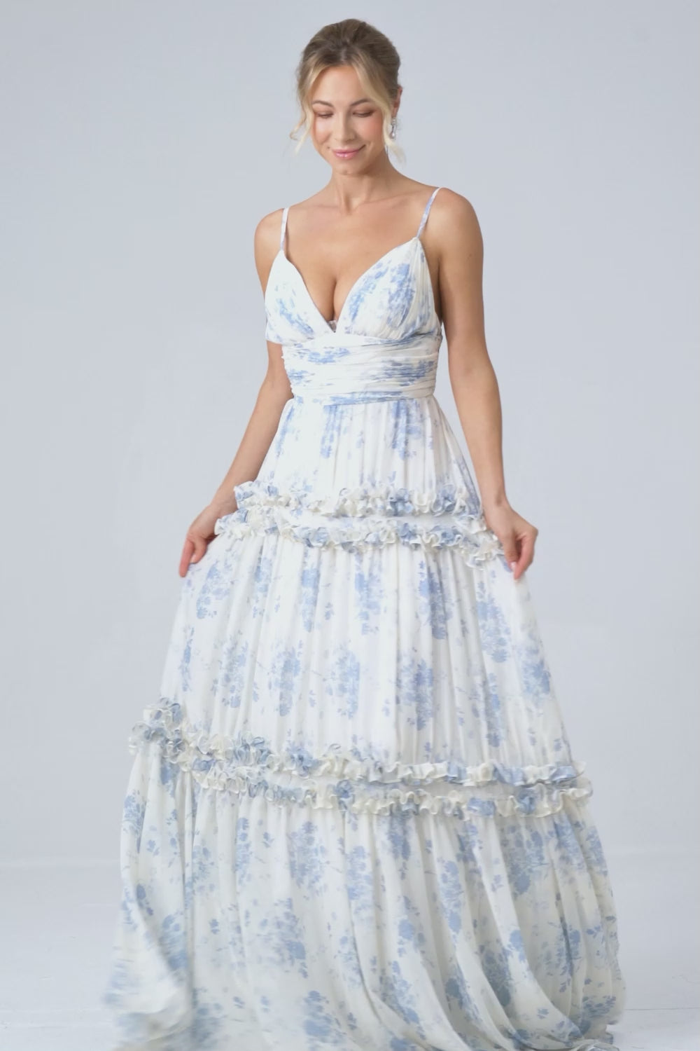 White Blue Flower A Line Long Tulle Bridesmaid Dress with Ruffles