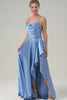 Blue Cowl Neck Satin Asymmetrical Long Bridesmaid Dress with Slit