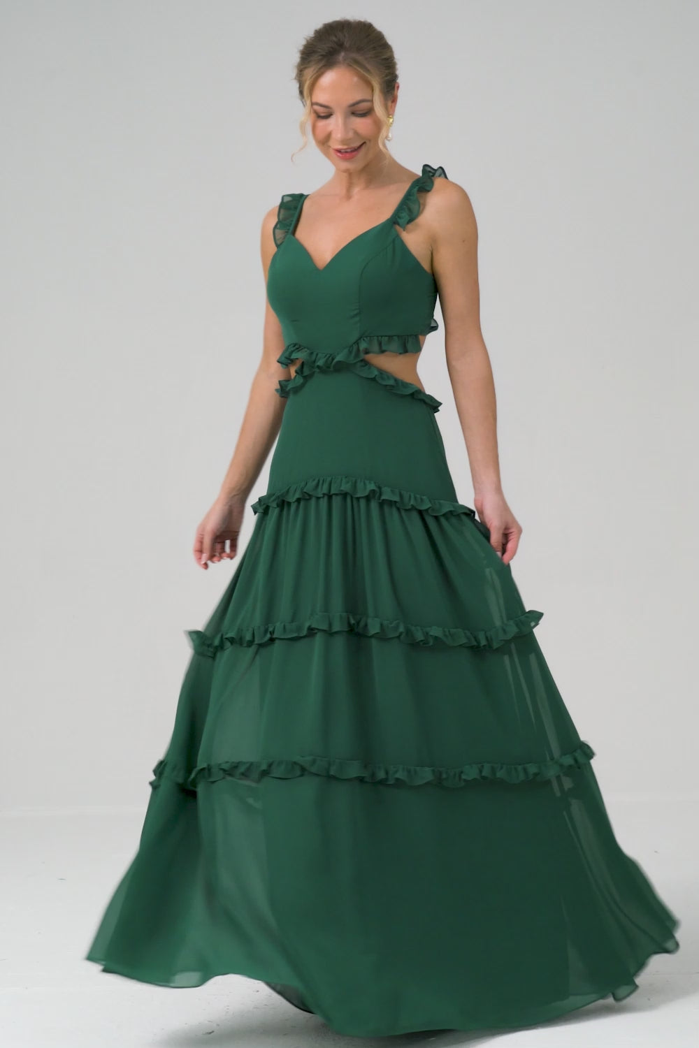 Dark Green A-Line Chiffon Ruffled Long Bridesmaid Dress with Hollow Out