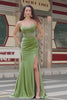 Green Mermaid Applique Spaghetti Straps Corset Long Prom Dress with Slit