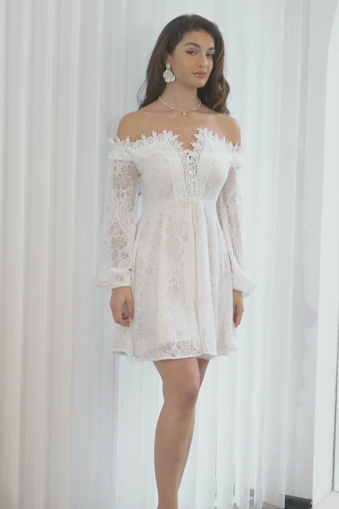 Off the Shoulder Lace Little White Dress with Long Sleeves