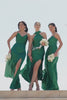 A-Line Dark Green Spaghetti Straps Satin Ruched Long Bridesmaid Dress