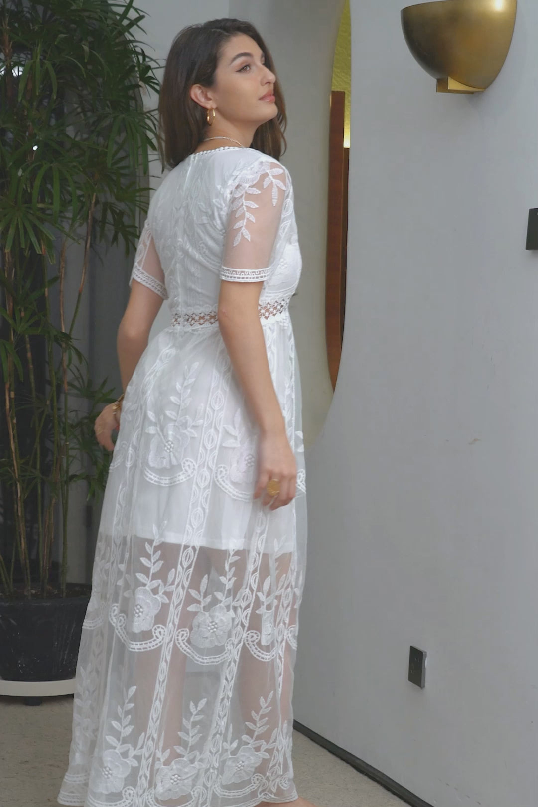 White Maxi Batwing Sleeves Formal Party Dress with Lace