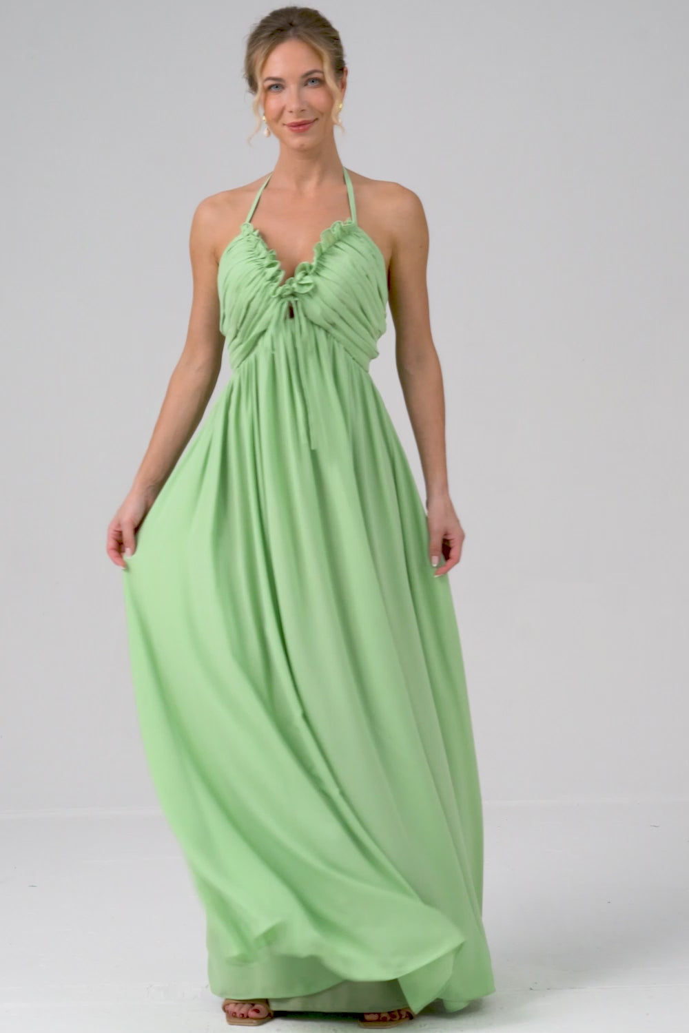 Light Green A Line Halter Backless Long Bridesmaid Dress with Lace Up Back