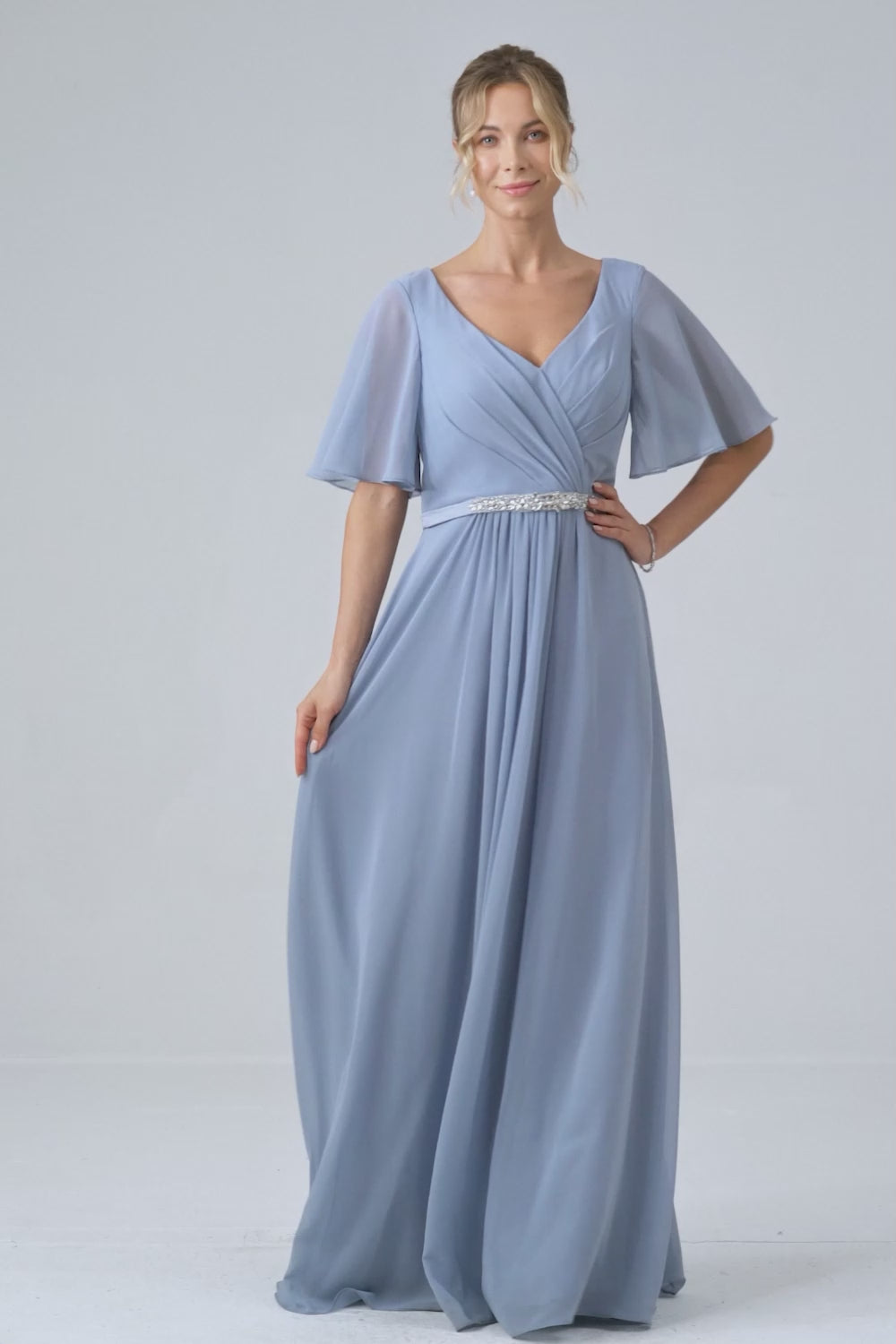 Dusty Blue A-Line V Neck Short Sleeves Chiffon Bridesmaid Dress