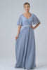 Dusty Blue A-Line V Neck Short Sleeves Chiffon Bridesmaid Dress