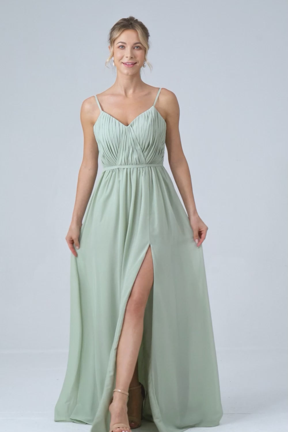 Dusty Sage A-Line Spaghetti Straps Chiffon Long Bridesmaid Dress with Slit