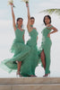 Eucalyptus A Line Strapless Ruffled Long Bridesmaid Dress with Ribbon