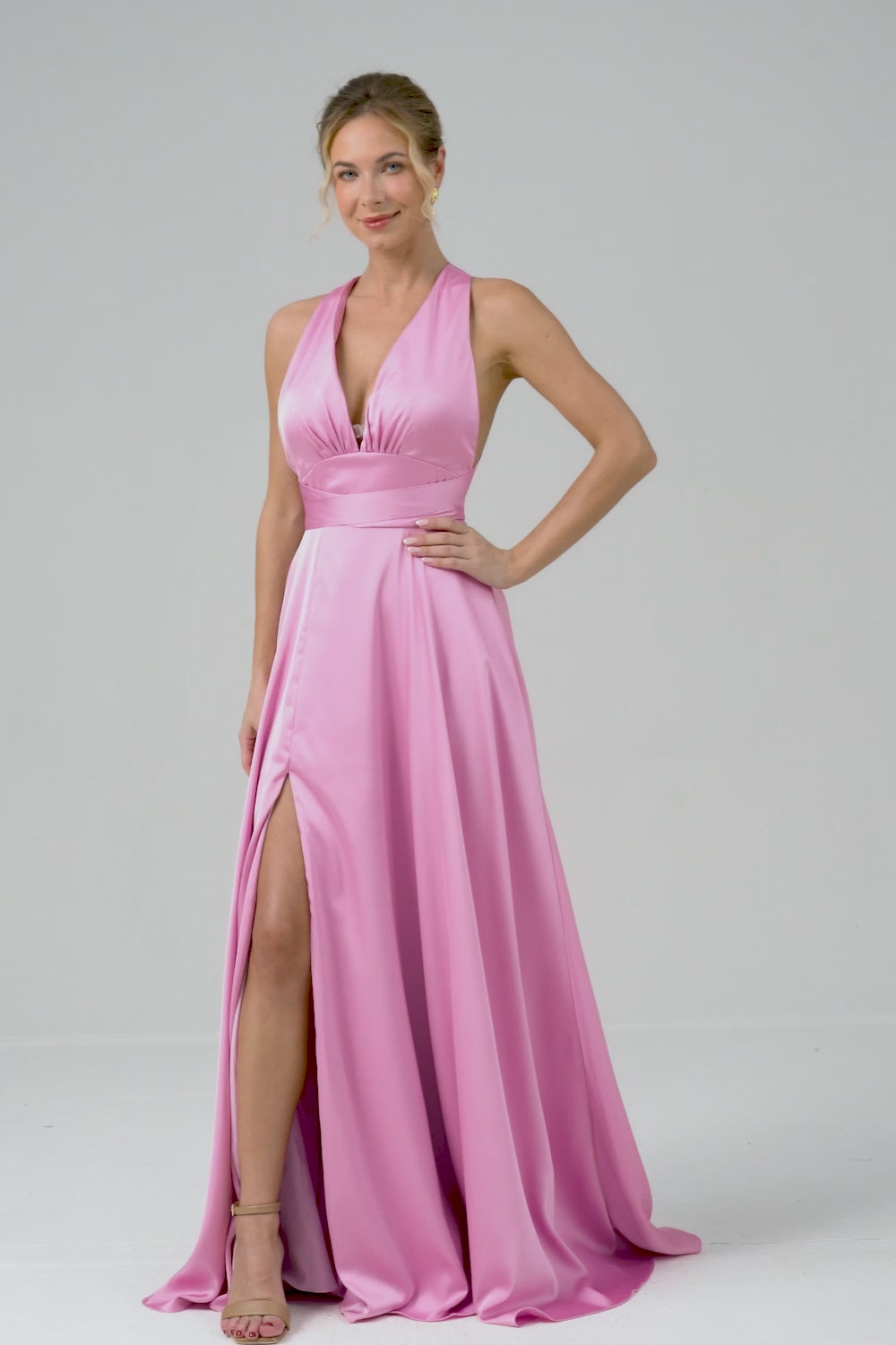 Pink A Line V-Neck Backless Bridesmaid Dress with Slit