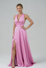 Pink A Line V-Neck Backless Bridesmaid Dress with Slit