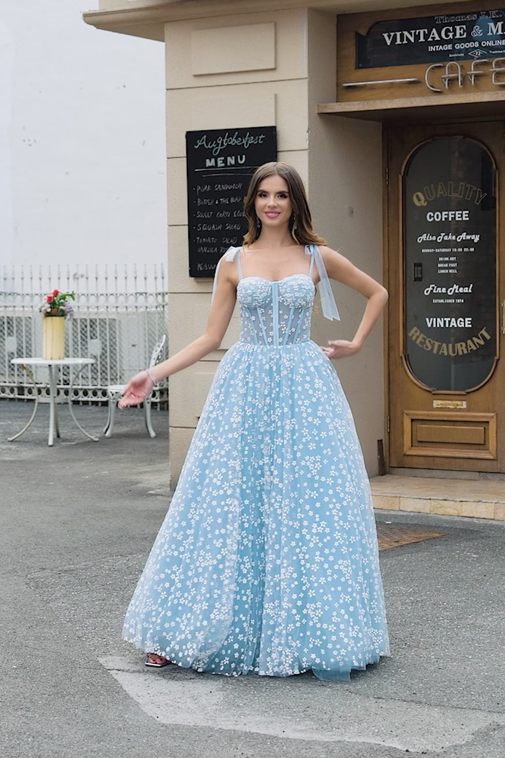 A-Line Spaghetti Straps Sky Blue Corset Prom Dress