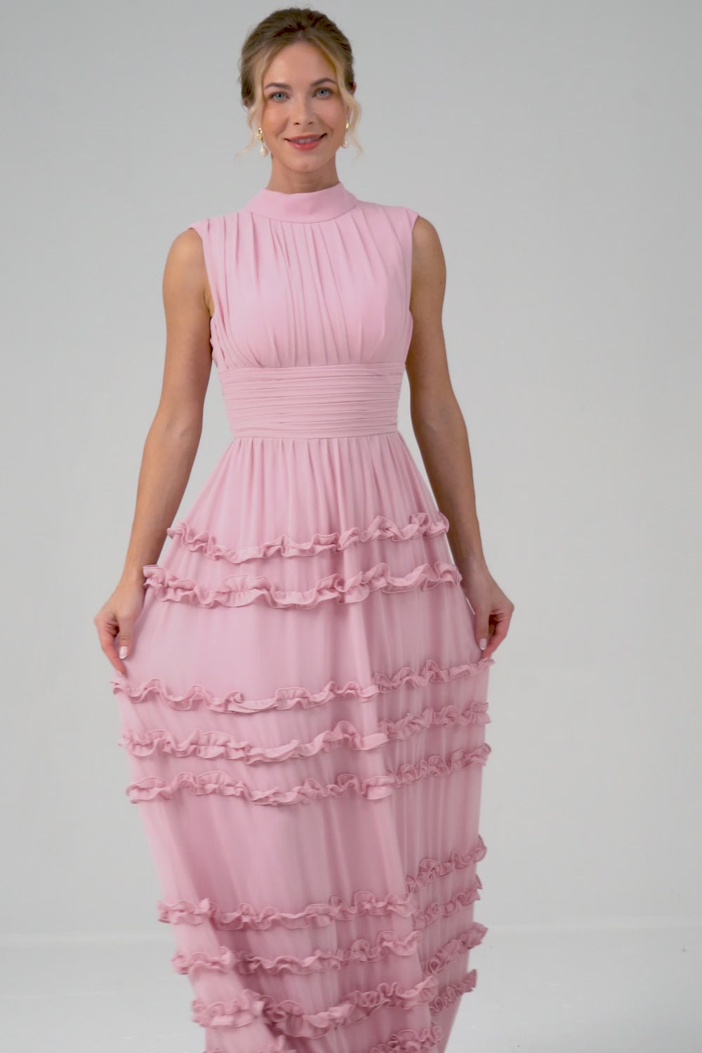 Blush Ruffled Chiffon Long Bridesmaid Dress with Open Back