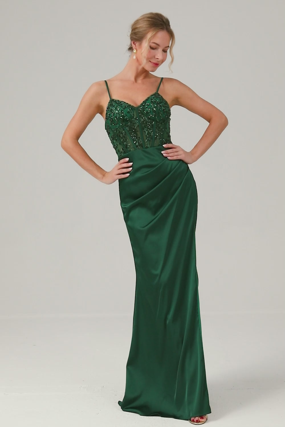 Dark Green Mermaid Spaghetti Straps Satin Long Prom Dress with Slit