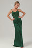 Dark Green Mermaid Spaghetti Straps Satin Long Prom Dress with Slit