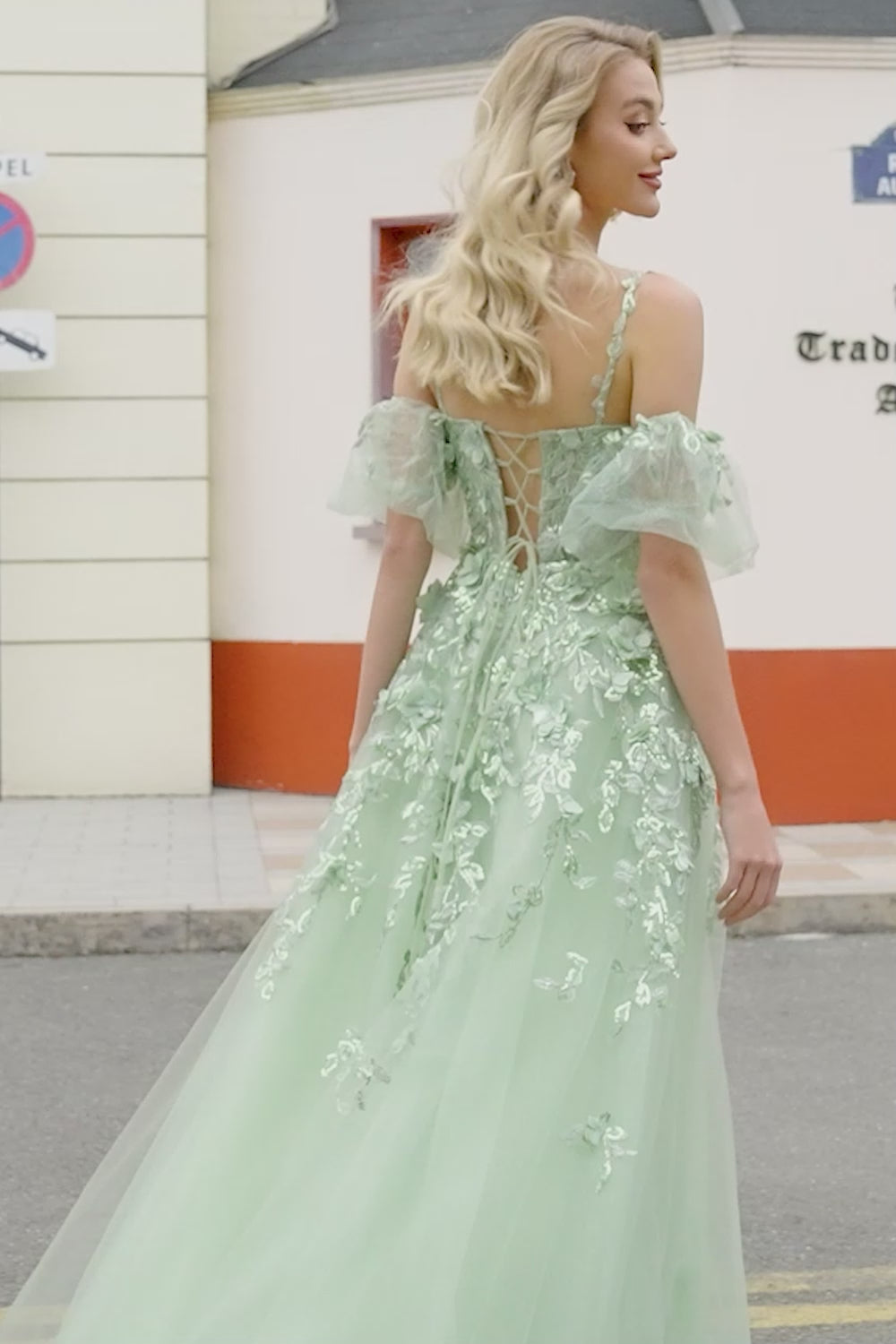 Sage A-Line Detachable Sleeves Long Corset Prom Dress with Flowers