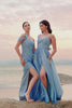 Sky Blue A-Line Spaghetti Straps Ruched Split Long Bridesmaid Dress with Lace Up Back